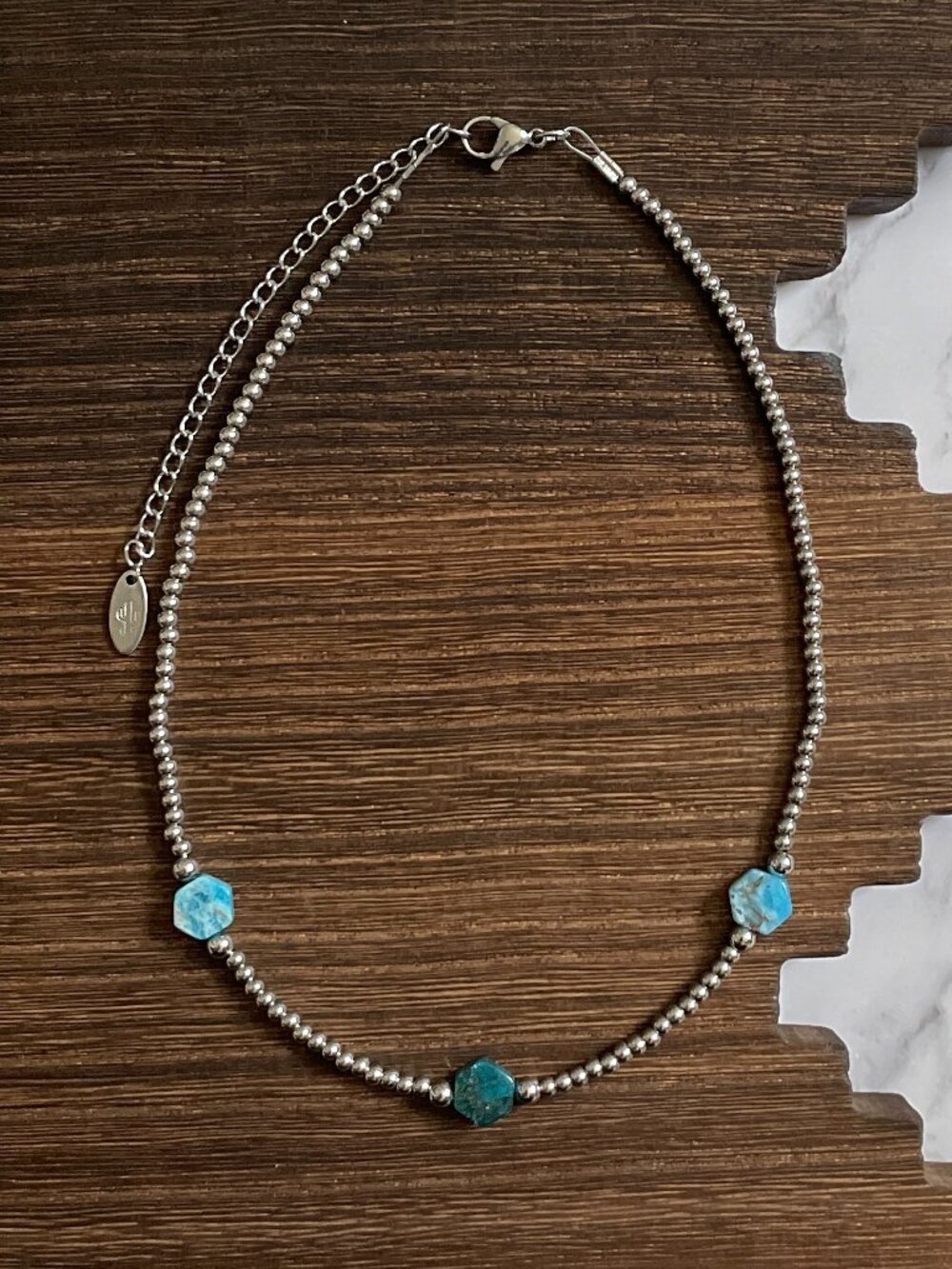 Handmade Apatite Hexagon Western Pearl Choker Necklace 14 inch